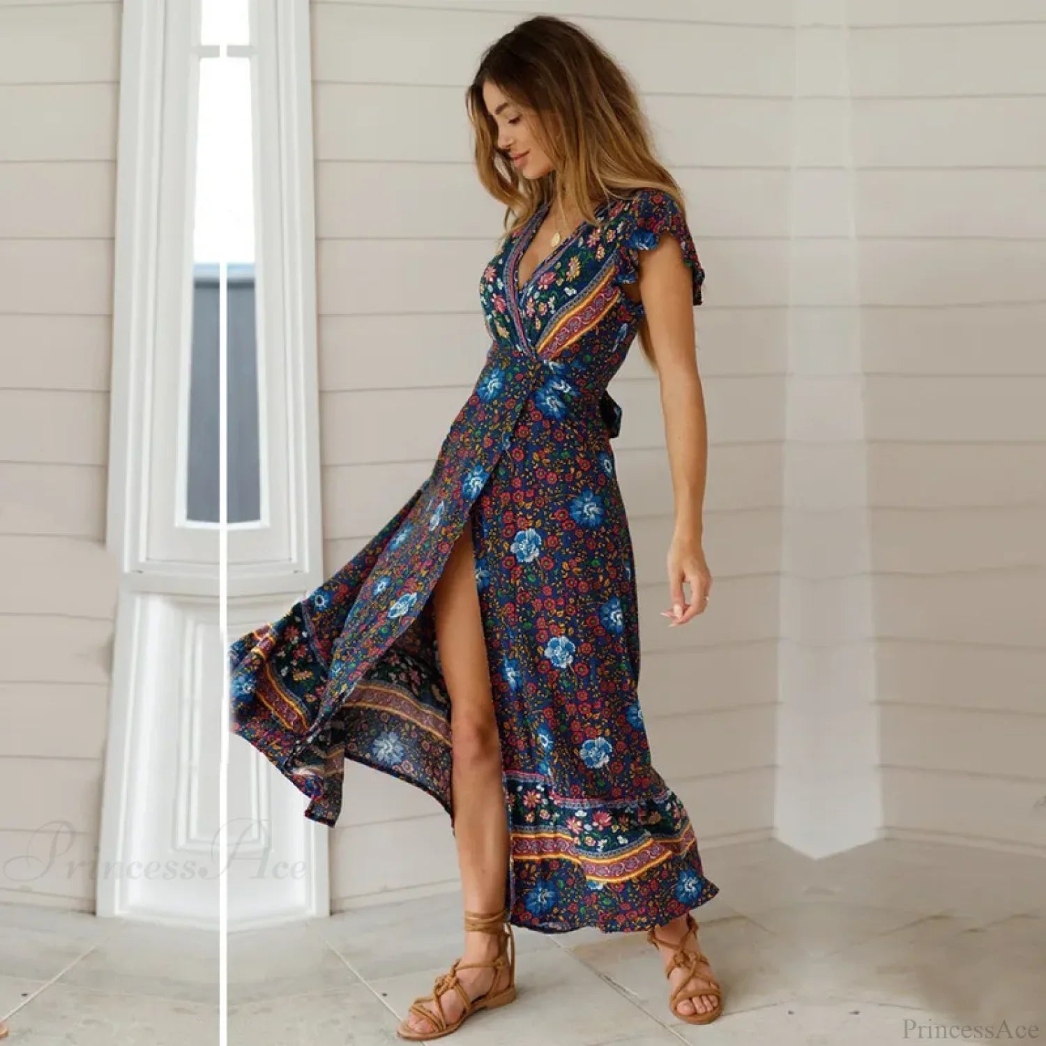 Floral Print Bat Sleeve Wrap V-Neck Maxi Boho Dress