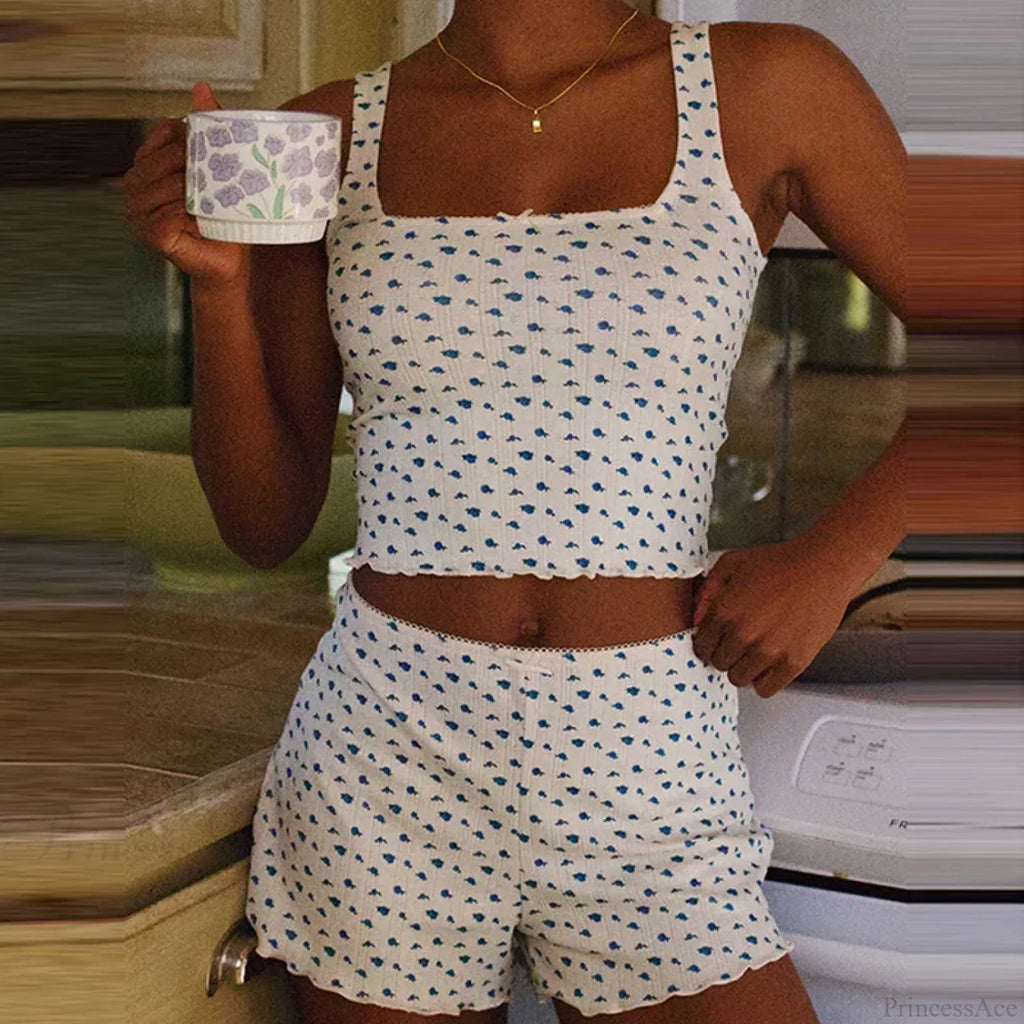 Floral Print Bow Trim Sleeveless Crop Tops Shorts Two Pieces Set