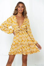 Floral Print Deep V-Neck Ruffles Long Sleeve Mini Boho Dress
