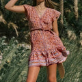 Floral Print Deep V-Neck Short Sleeve Vacation Mini Boho Dress