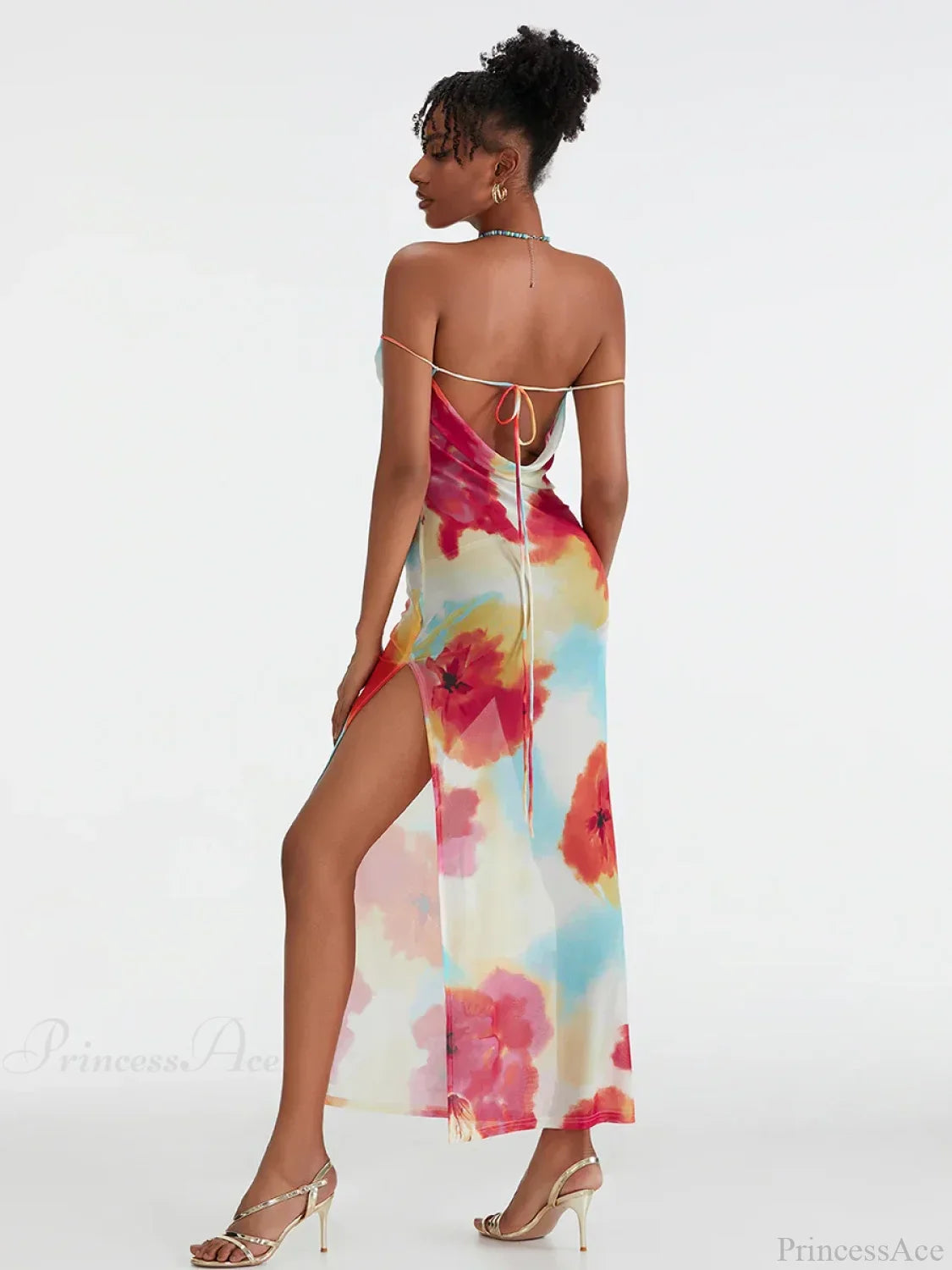 Floral Print High Split Backless Off-Shoulder Tie-Up Long Dress