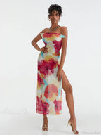 Floral Print High Split Backless Off-Shoulder Tie-Up Long Dress
