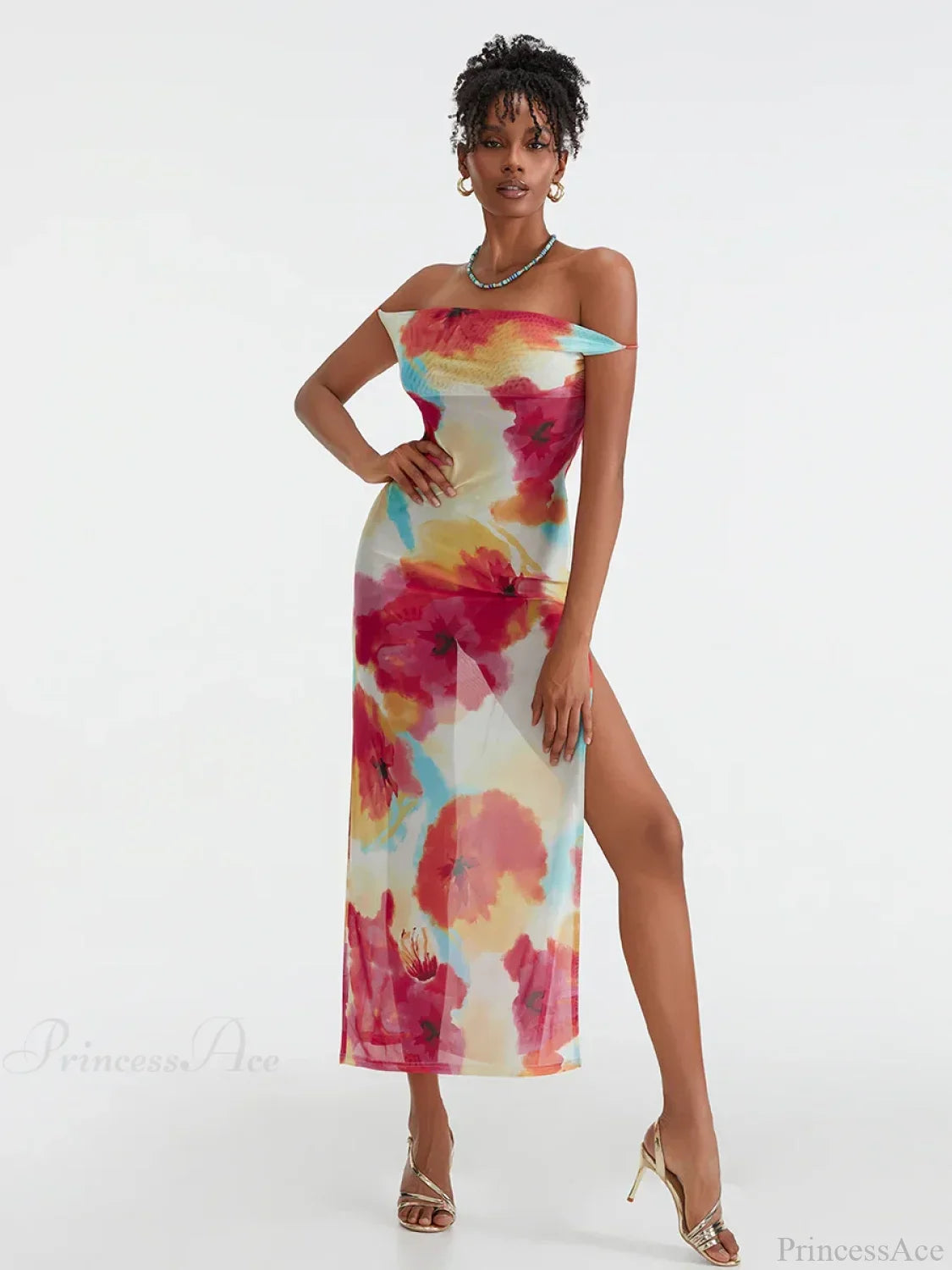 Floral Print High Split Backless Off-Shoulder Tie-Up Long Dress
