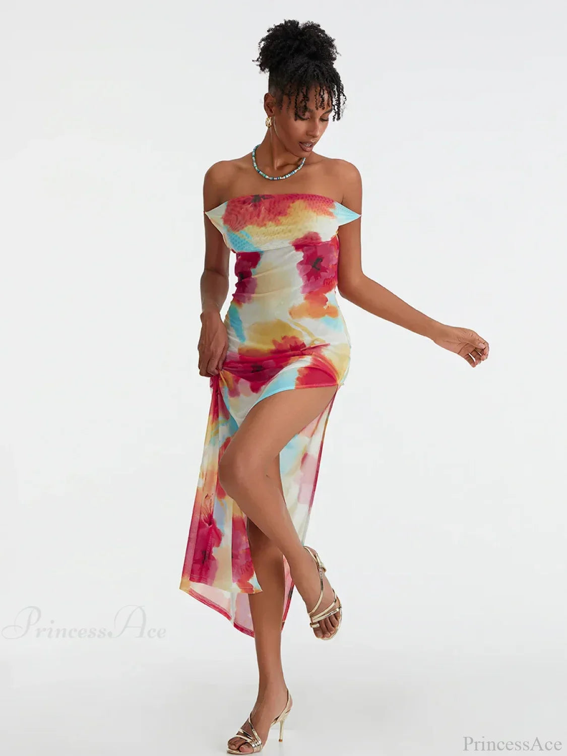 Floral Print High Split Backless Off-Shoulder Tie-Up Long Dress