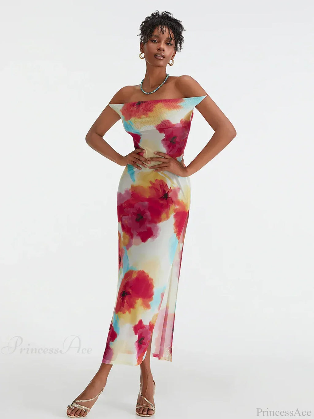 Floral Print High Split Backless Off-Shoulder Tie-Up Long Dress