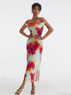 Floral Print High Split Backless Off-Shoulder Tie-Up Long Dress