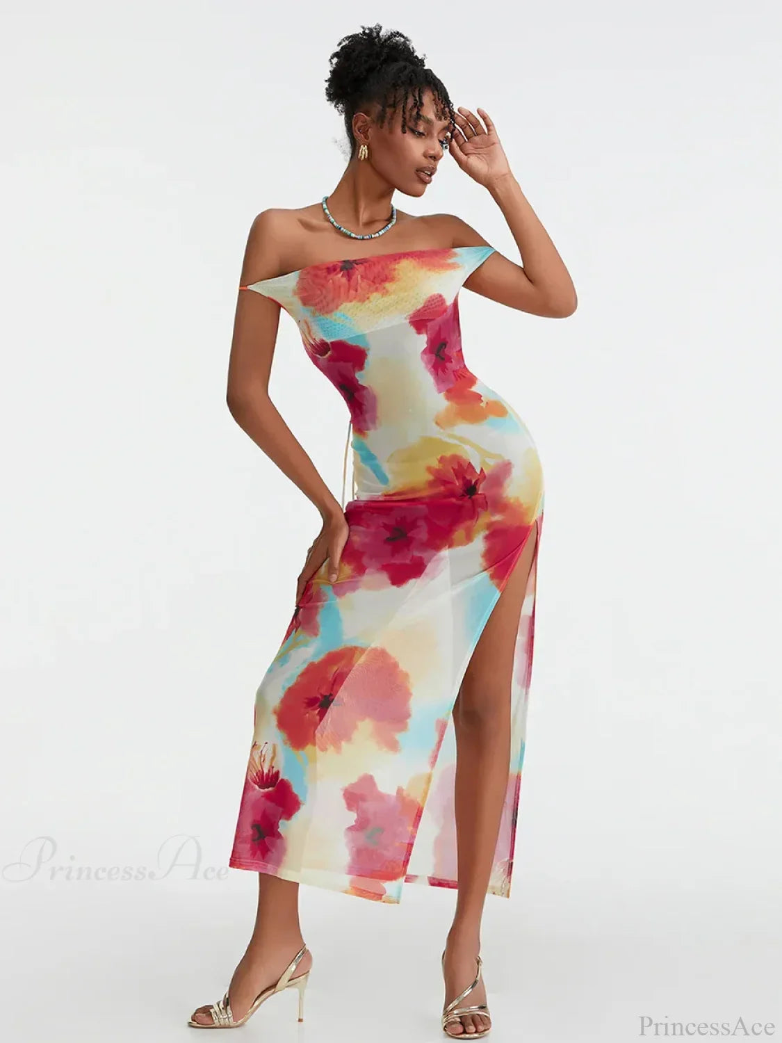 Floral Print High Split Backless Off-Shoulder Tie-Up Long Dress