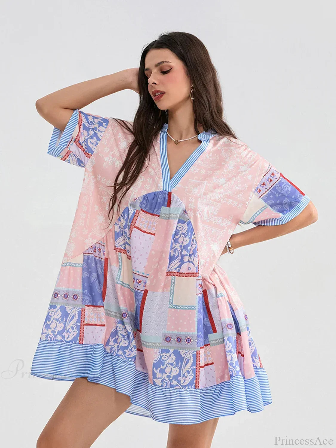Floral Print Patchwork Flowy V-Neck Loose A-Line Mini Dress