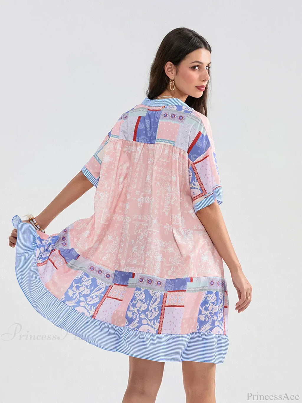 Floral Print Patchwork Flowy V-Neck Loose A-Line Mini Dress