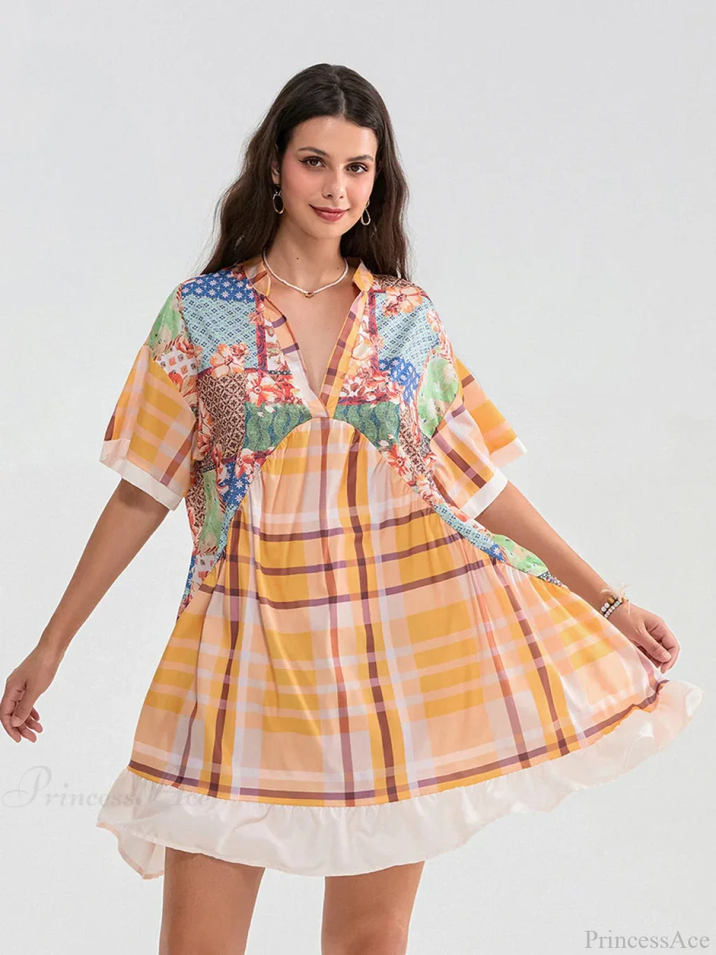Floral Print Patchwork Flowy V-Neck Loose A-Line Mini Dress