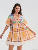 Floral Print Patchwork Flowy V-Neck Loose A-Line Mini Dress