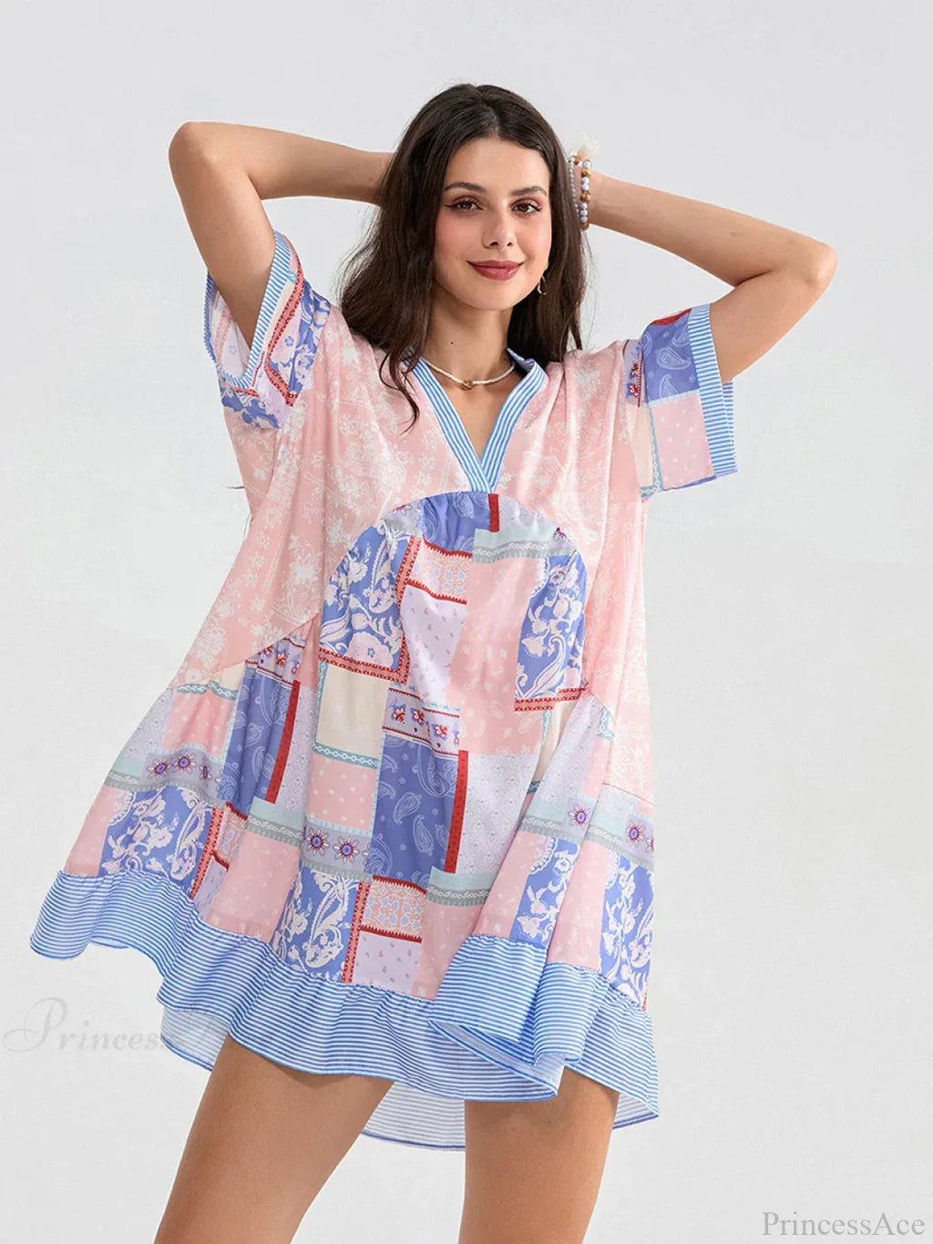 Floral Print Patchwork Flowy V-Neck Loose A-Line Mini Dress