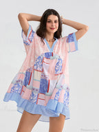 Floral Print Patchwork Flowy V-Neck Loose A-Line Mini Dress