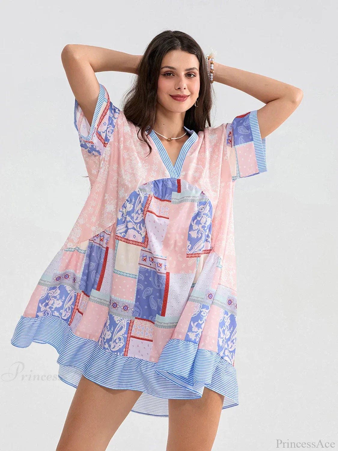 Floral Print Patchwork Flowy V-Neck Loose A-Line Mini Dress
