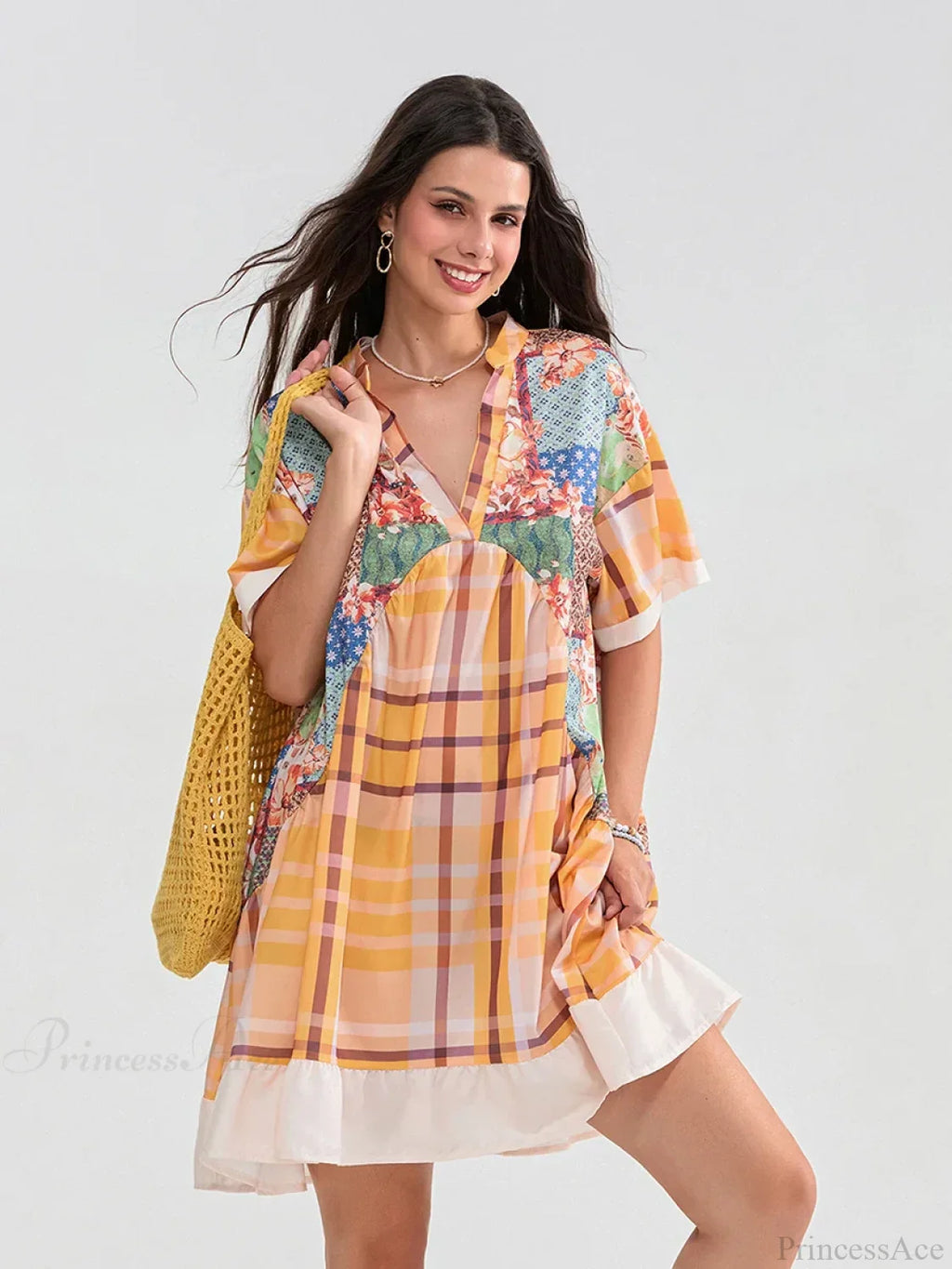 Floral Print Patchwork Flowy V-Neck Loose A-Line Mini Dress