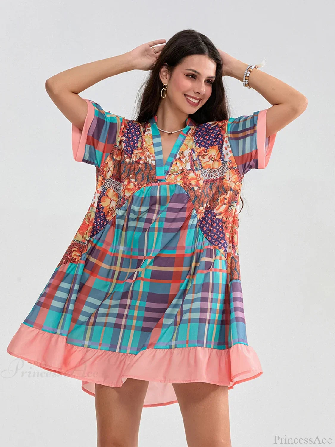 Floral Print Patchwork Flowy V-Neck Loose A-Line Mini Dress