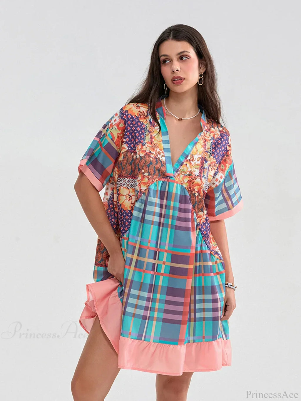 Floral Print Patchwork Flowy V-Neck Loose A-Line Mini Dress