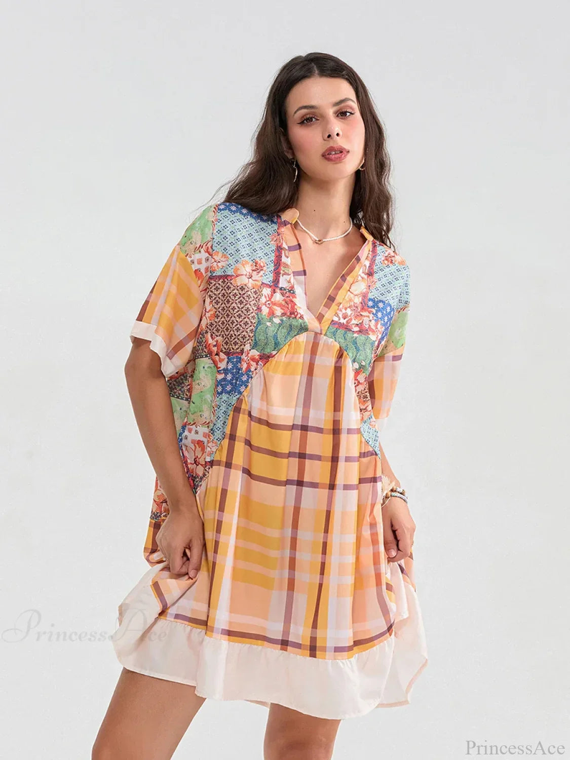 Floral Print Patchwork Flowy V-Neck Loose A-Line Mini Dress