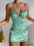 Floral Print Satin Spaghetti Strap Drawstring Dress For Women