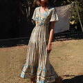 Floral Print Single Breasted V-Neck Short Sleeve Summer Maxi Boho Dress