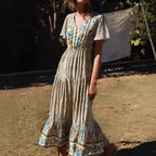 Floral Print Single Breasted V-Neck Short Sleeve Summer Maxi Boho Dress