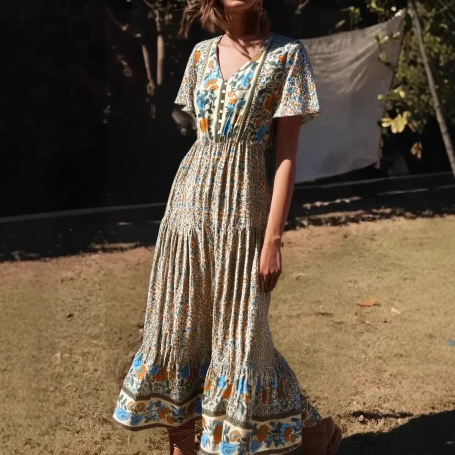 Floral Print Single Breasted V-Neck Short Sleeve Summer Maxi Boho Dress