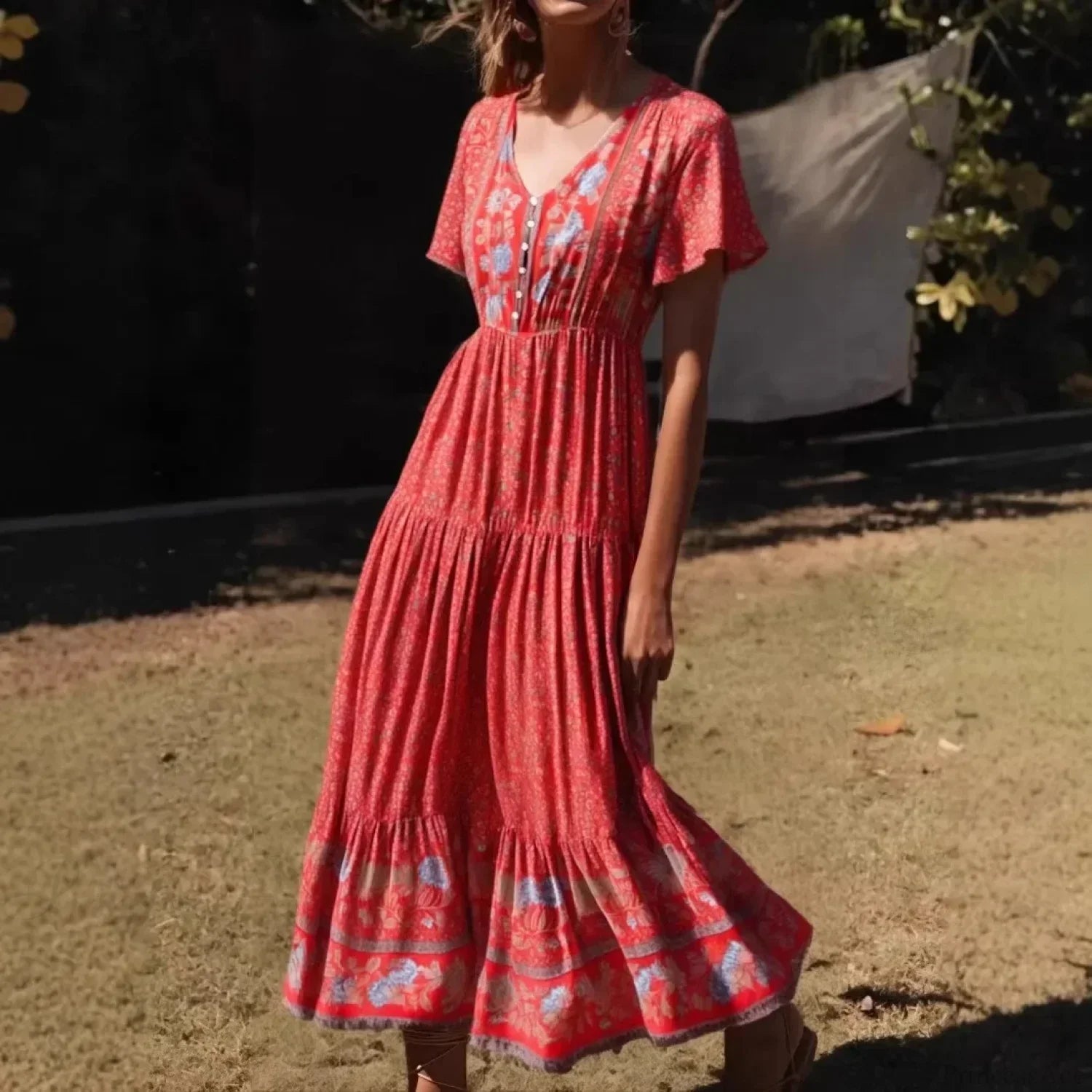 Floral Print Single Breasted V-Neck Short Sleeve Summer Maxi Boho Dress