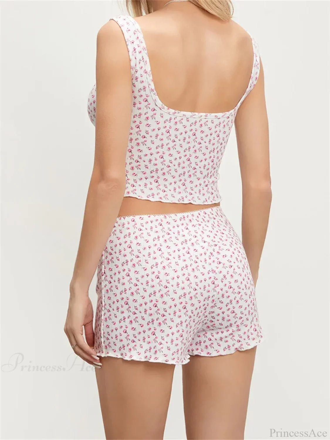 Floral Print Sleeveless Square Neck Camis Crop Top With Shorts Pajama Set