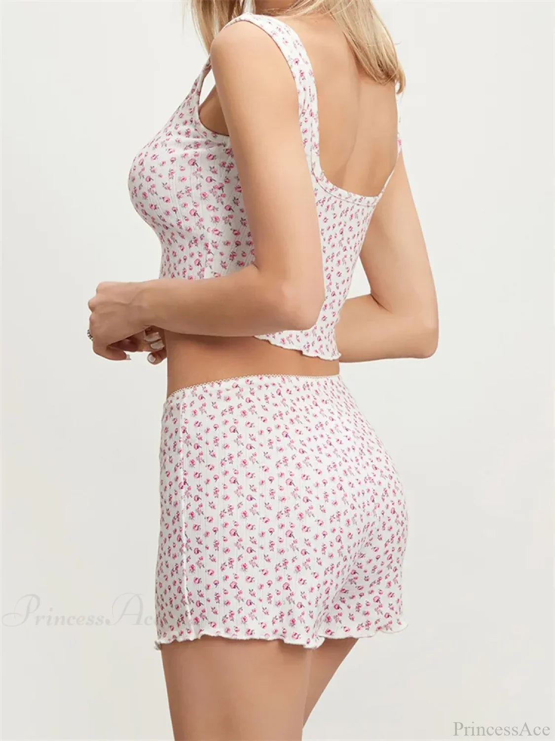 Floral Print Sleeveless Square Neck Camis Crop Top With Shorts Pajama Set