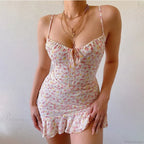 Floral Print Spaghetti Strap Low Cut Lace-Up Ruffled Dress