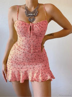 Floral Print Spaghetti Strap Low Cut Lace-Up Ruffled Dress