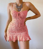 Floral Print Spaghetti Strap Low Cut Lace-Up Ruffled Dress