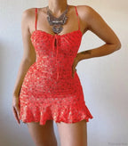 Floral Print Spaghetti Strap Low Cut Lace-Up Ruffled Dress