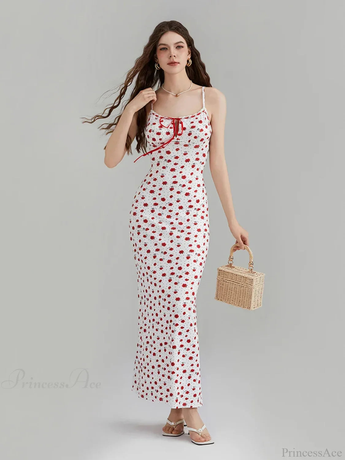 Floral Print Spaghetti Strap Ribbon Tie-Up Slip Vacation Dress