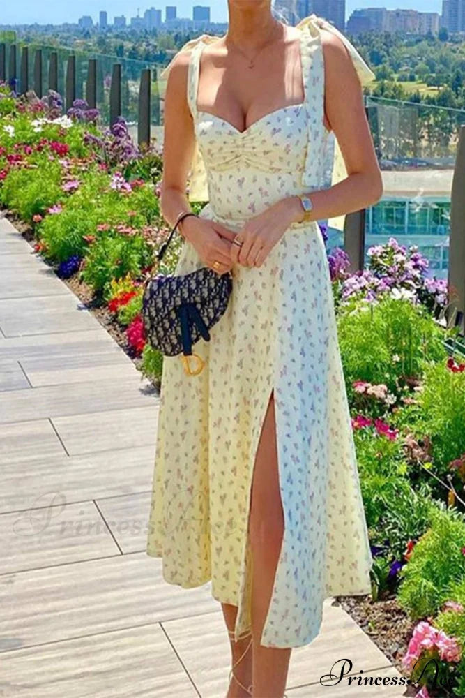 Floral Print Split Dress With Tie-Straps