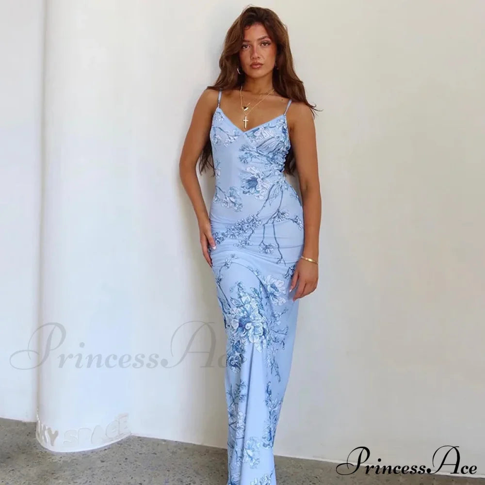 Floral Print Suspender V-Neck Maxi Beach Party Club Bodycon Dress