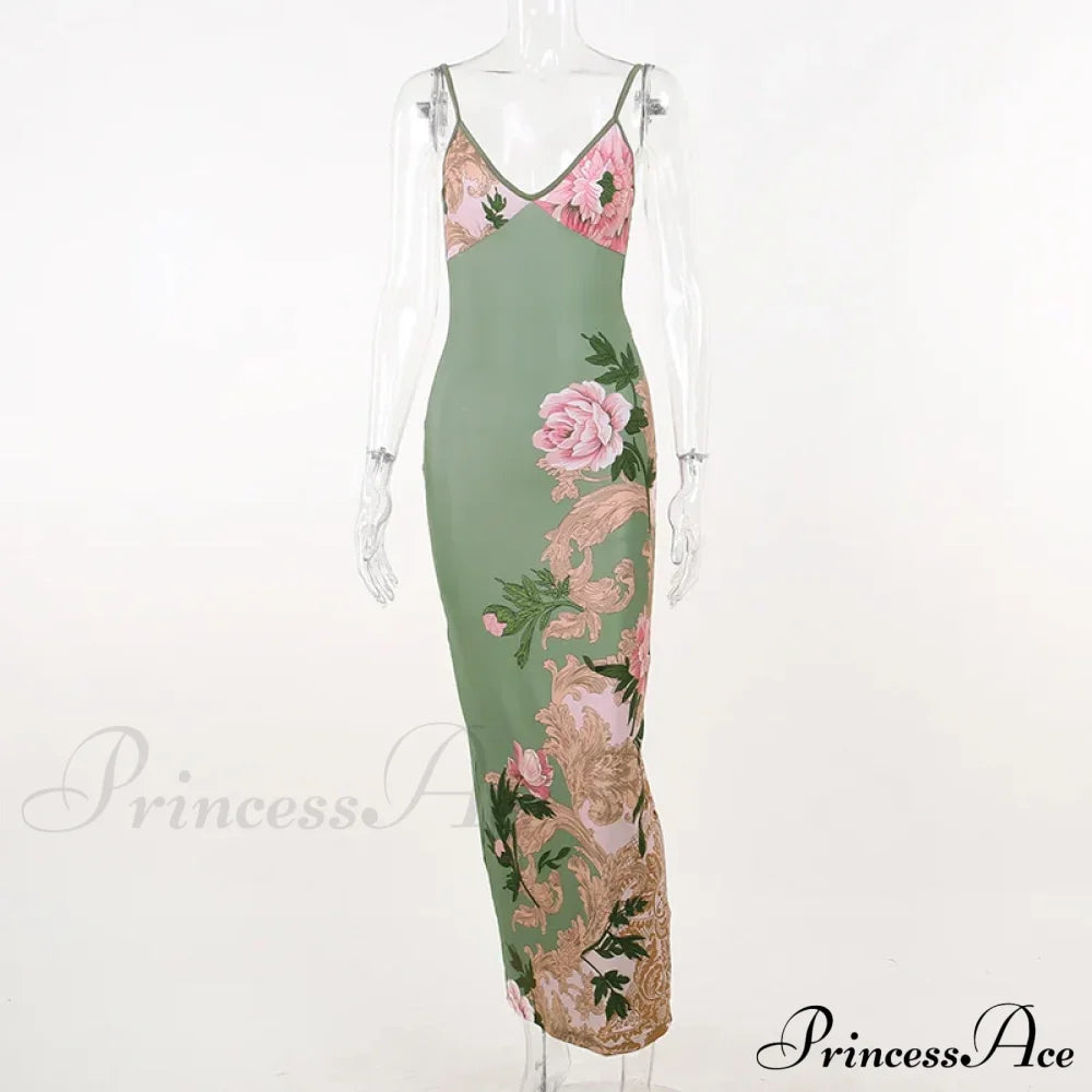 Floral Print Suspender V-Neck Maxi Beach Party Club Bodycon Dress