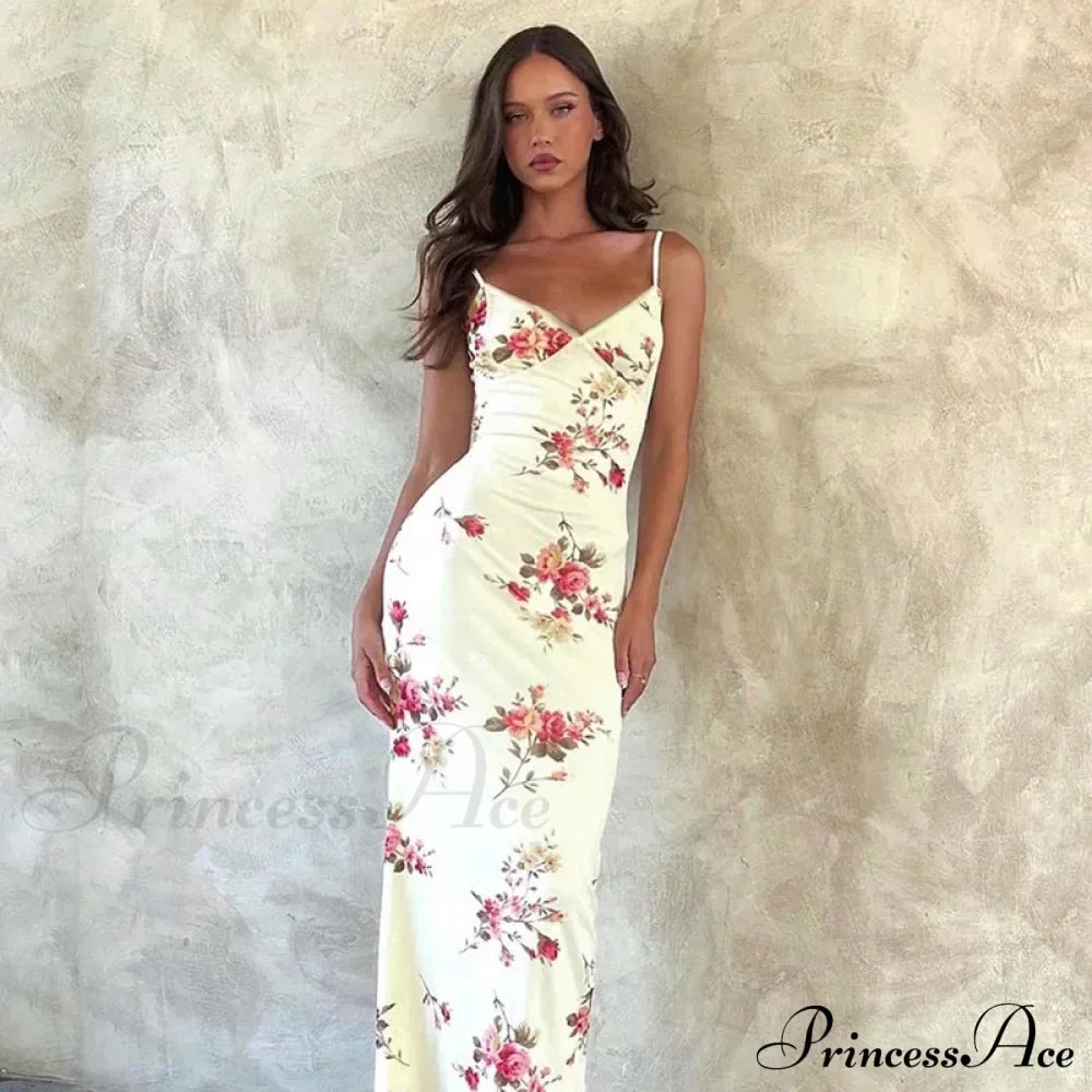 Floral Print Suspender V-Neck Maxi Beach Party Club Bodycon Dress