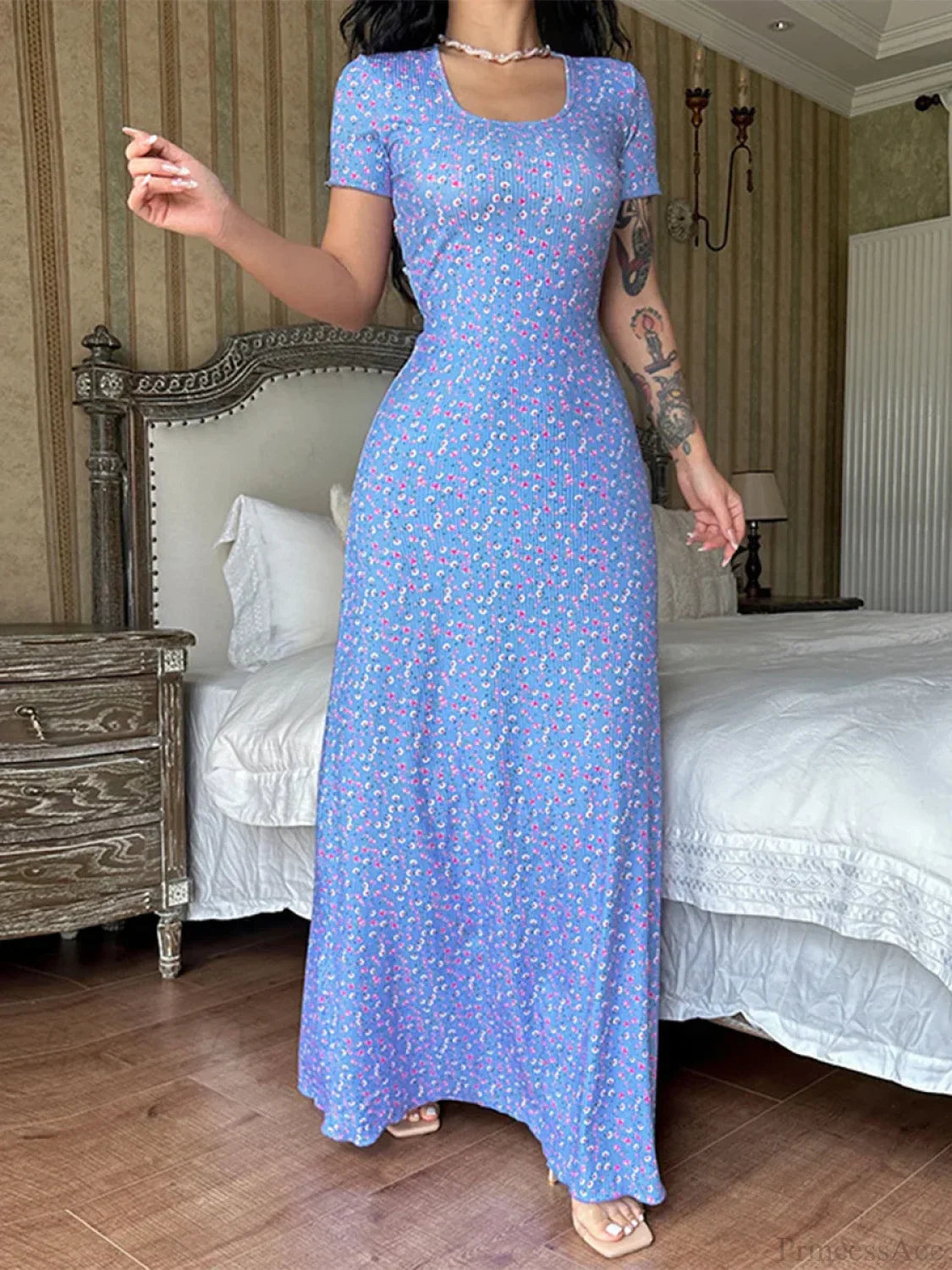 Floral Print T-Shirt Tie Back U-Neck A-Line Long Dress