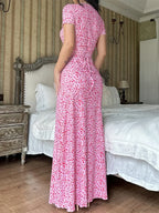 Floral Print T-Shirt Tie Back U-Neck A-Line Long Dress