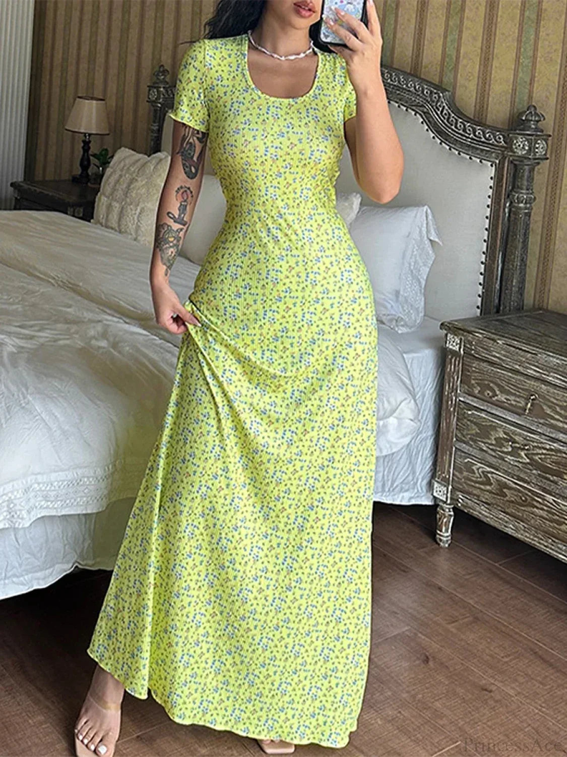 Floral Print T-Shirt Tie Back U-Neck A-Line Long Dress