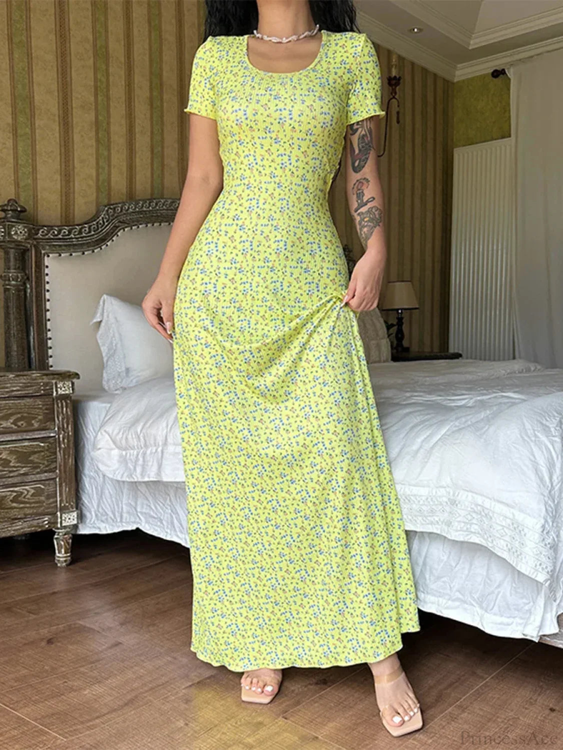 Floral Print T-Shirt Tie Back U-Neck A-Line Long Dress
