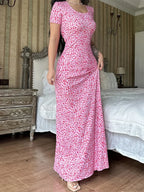 Floral Print T-Shirt Tie Back U-Neck A-Line Long Dress