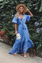 Floral Print Tassel V-Neck Rayon Cotton Maxi Boho Dress