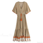 Floral Print Tassel V-Neck Rayon Cotton Maxi Boho Dress