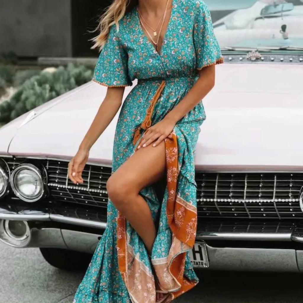 Floral Print Tassel V-Neck Rayon Cotton Maxi Boho Dress