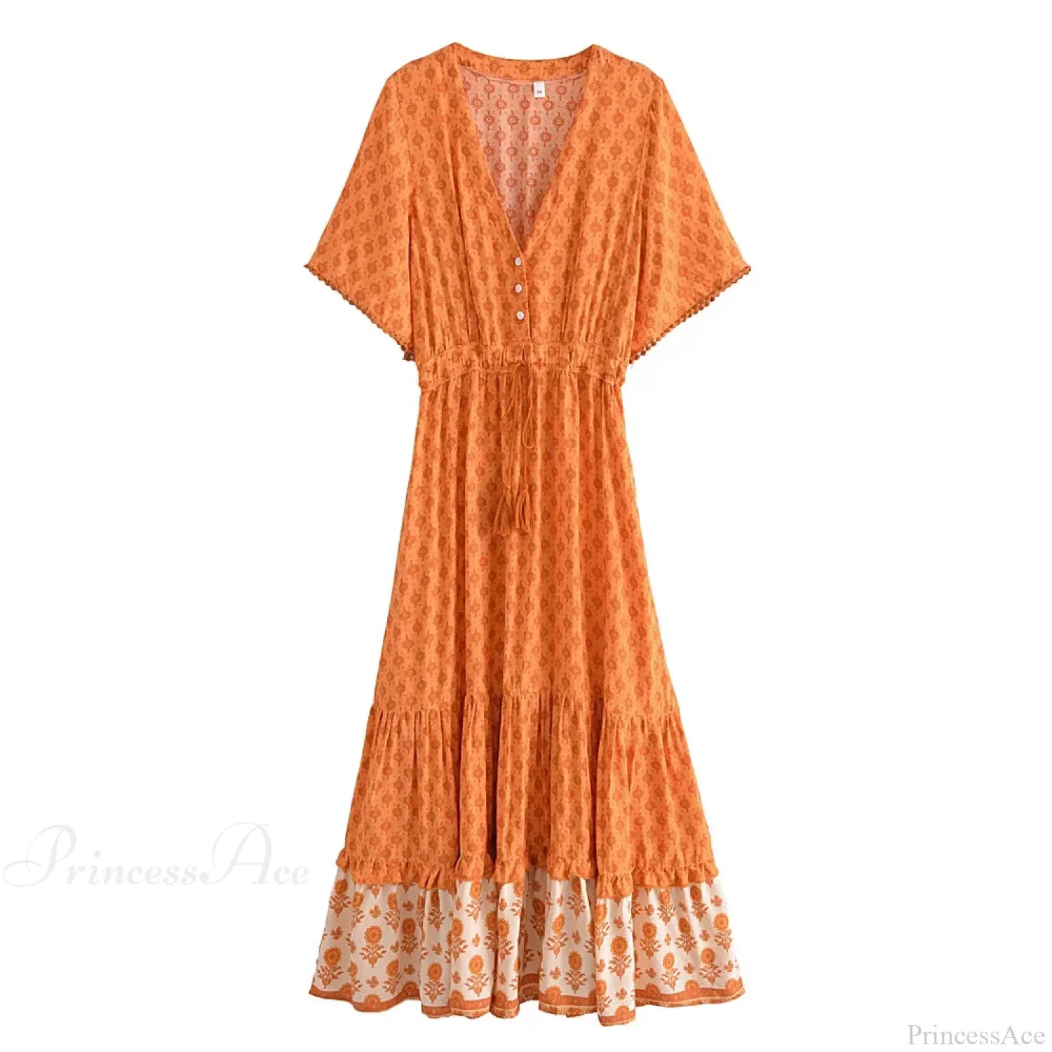Floral Print Tassel V-Neck Rayon Cotton Maxi Boho Dress