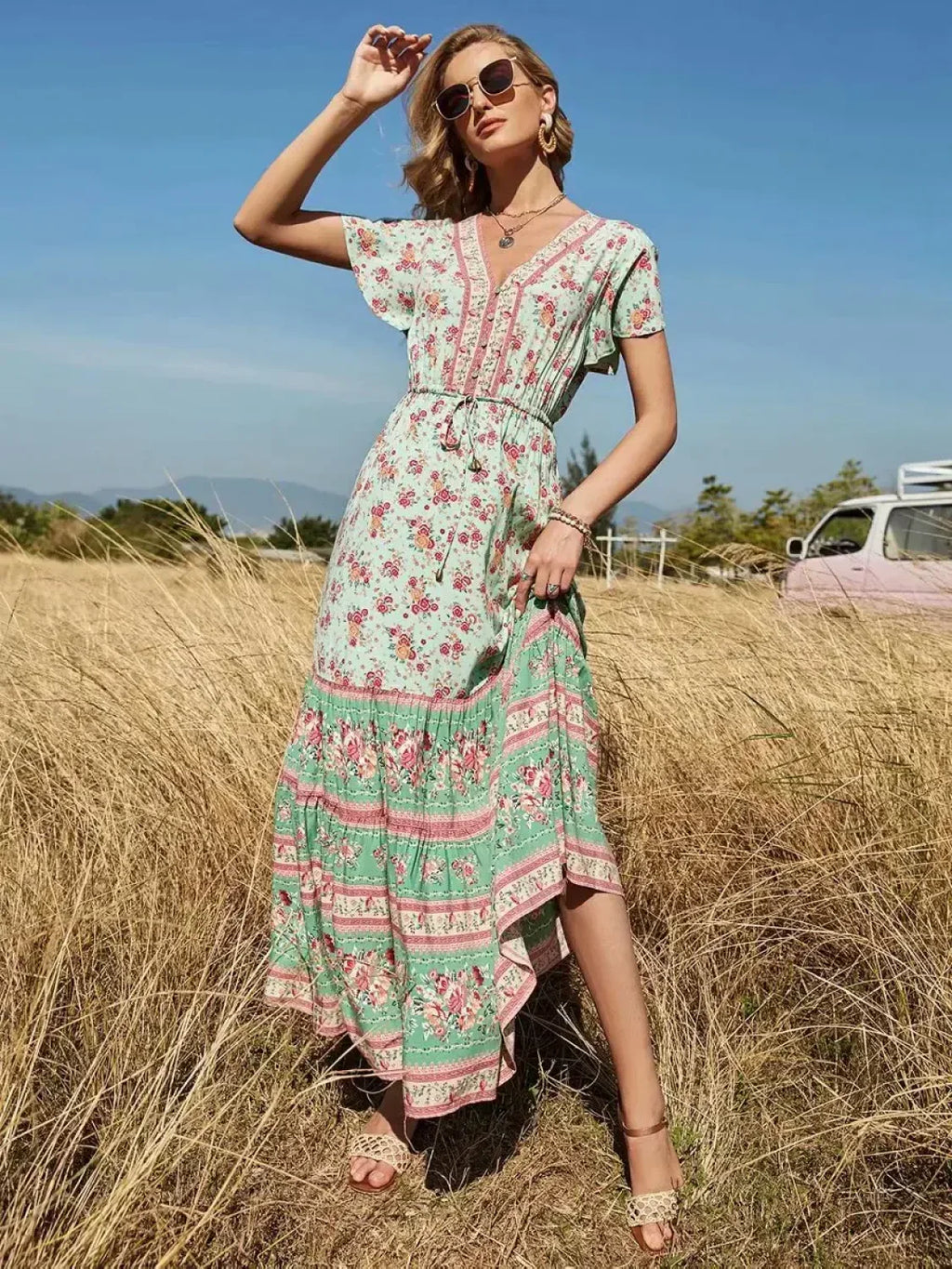 Floral Print V-Neck Button Pleated Rayon Boho Dress