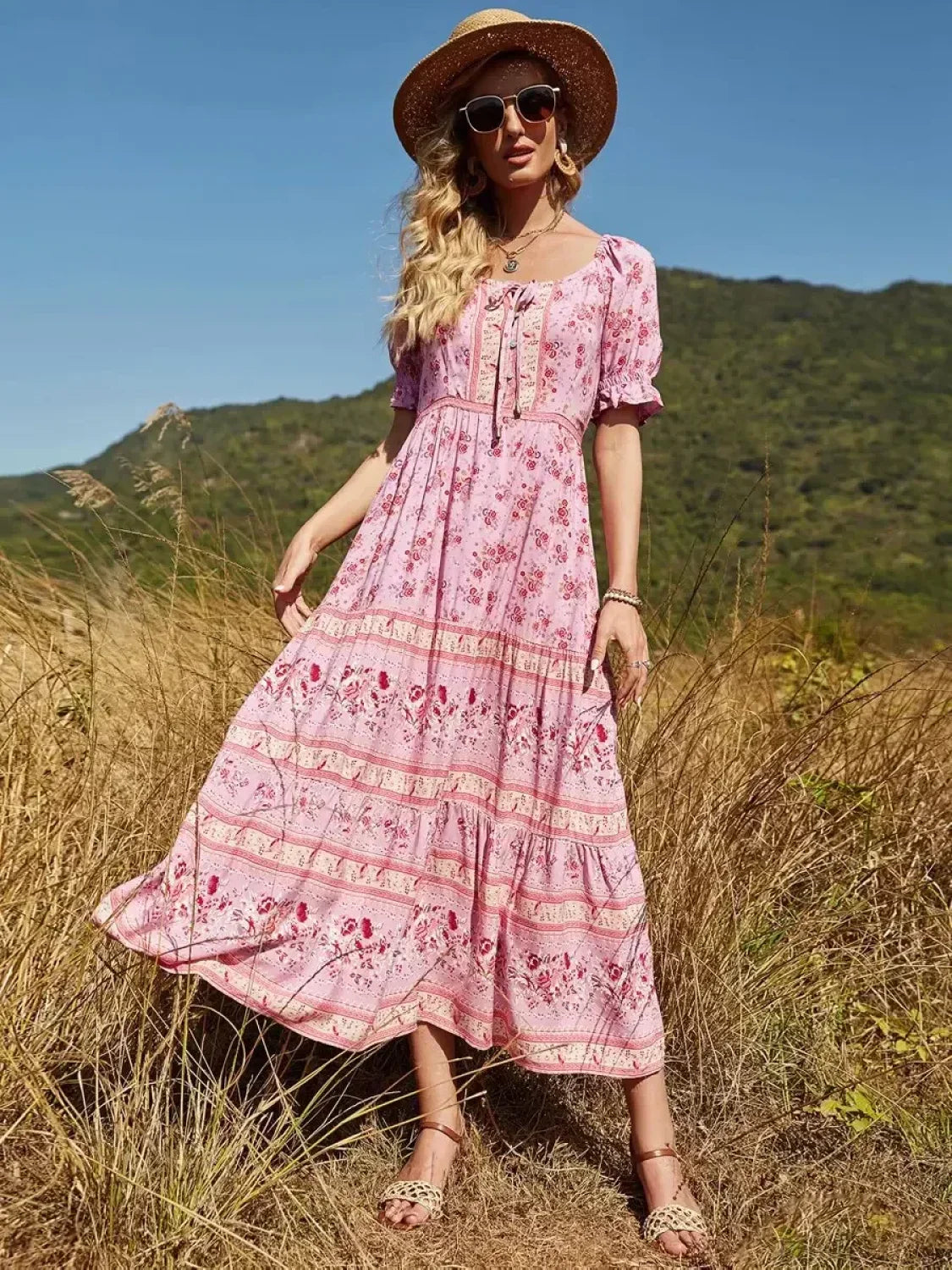 Floral Print V-Neck Button Pleated Rayon Boho Dress
