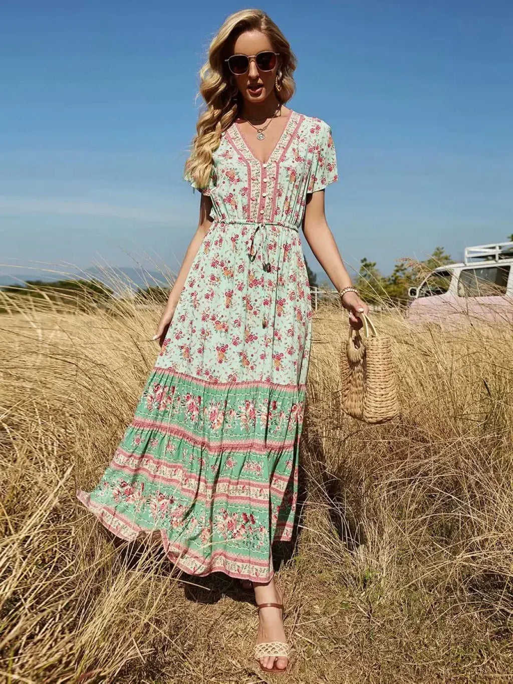 Floral Print V-Neck Button Pleated Rayon Boho Dress